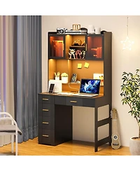 Vlsrka Office study computer desk with charging station and Led lights