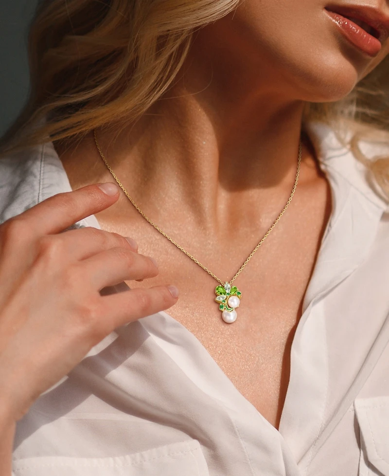 Cultured Freshwater Pearl (7 & -1/2) & Multi-Gemstone Cluster 18" Pendant Necklace in 18k Gold Flash-Plated Sterling Silver