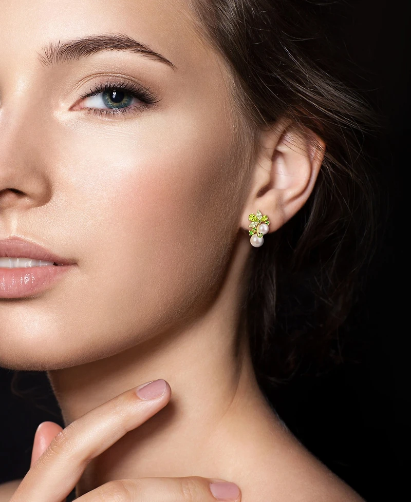 Cultured Freshwater Pearl (6 & 8mm) & Multi-Gemstone (2-1/2 ct. t.w.) Cluster Omega Earrings in 18k Gold Flash-Plated Sterling Silver
