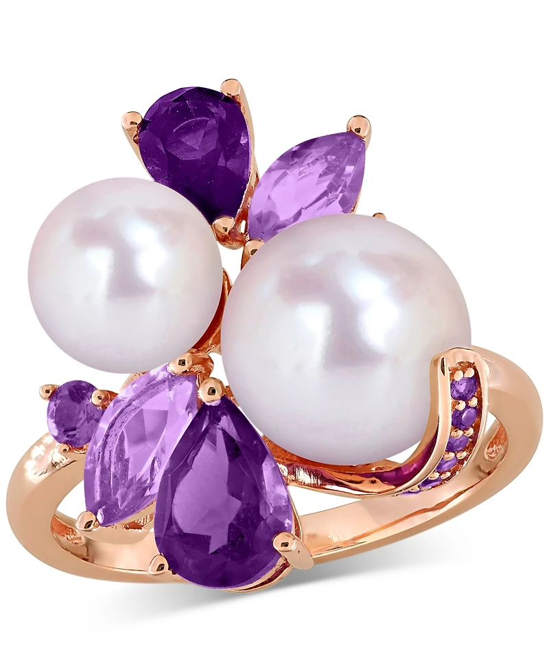 Cultured Freshwater Pearl (7-8.5mm) Multi-Gemstone (1-3/4 ct. t.w.) Ring 18k Rose Gold-Plated Sterling Silver