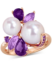 Cultured Freshwater Pearl (7-8.5mm) Multi-Gemstone (1-3/4 ct. t.w.) Ring 18k Rose Gold-Plated Sterling Silver