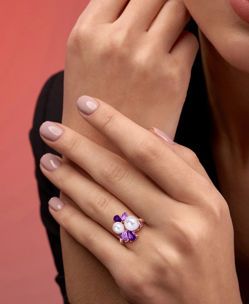 Cultured Freshwater Pearl (7-8.5mm), Amethyst (1-1/8 ct. t.w.) & Rose de France (5/8 Ring 18k Gold-Plated Sterling Silver