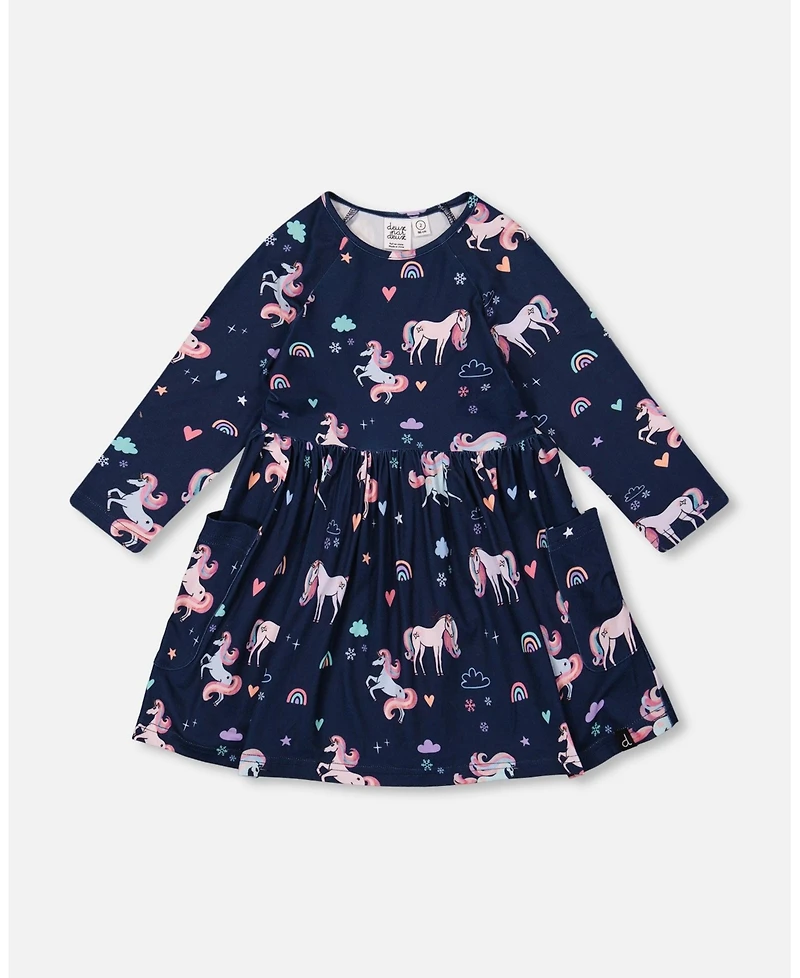 Deux par Girl Jersey Dress with Pockets Navy Unicorn Print