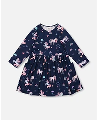 Deux par Girl Jersey Dress with Pockets Navy Unicorn Print