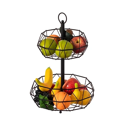 Basicwise 2 Tier Free Standing Countertop Fruit Basket for Kitchen | Detachable Carbon Steel Stable Fruit Storage Organizer for Breads, Snacks, and Ve