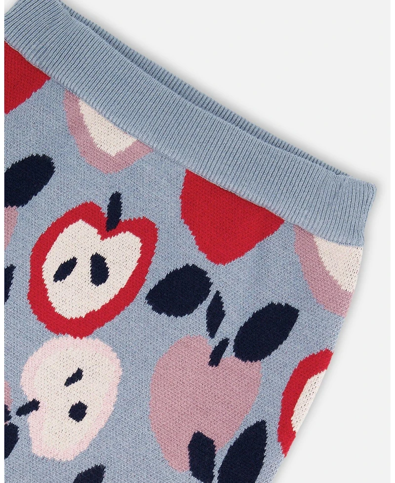 Deux par Girl Knit Skirt Blue and Red with Apple Heart Jacquard