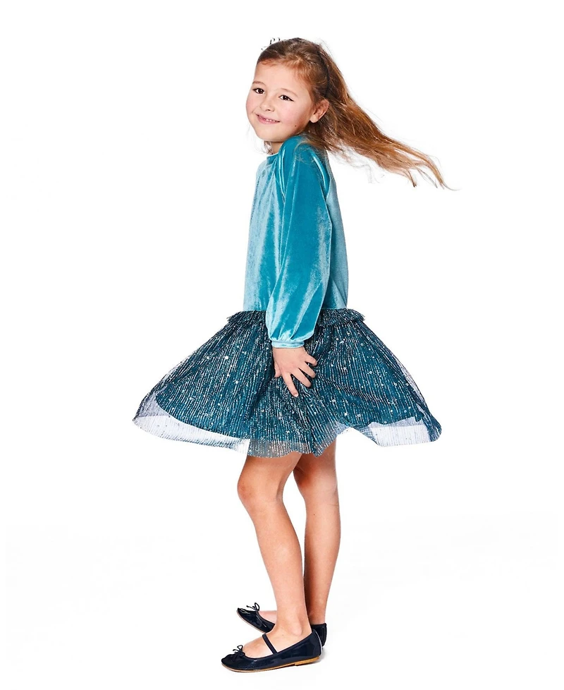 Deux par Toddler Girls Long Sleeve Bi-Material Velvet and Pleated Mesh Dress Teal Blue - Toddler|Child