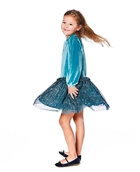 Deux par Toddler Girls Long Sleeve Bi-Material Velvet and Pleated Mesh Dress Teal Blue - Toddler|Child
