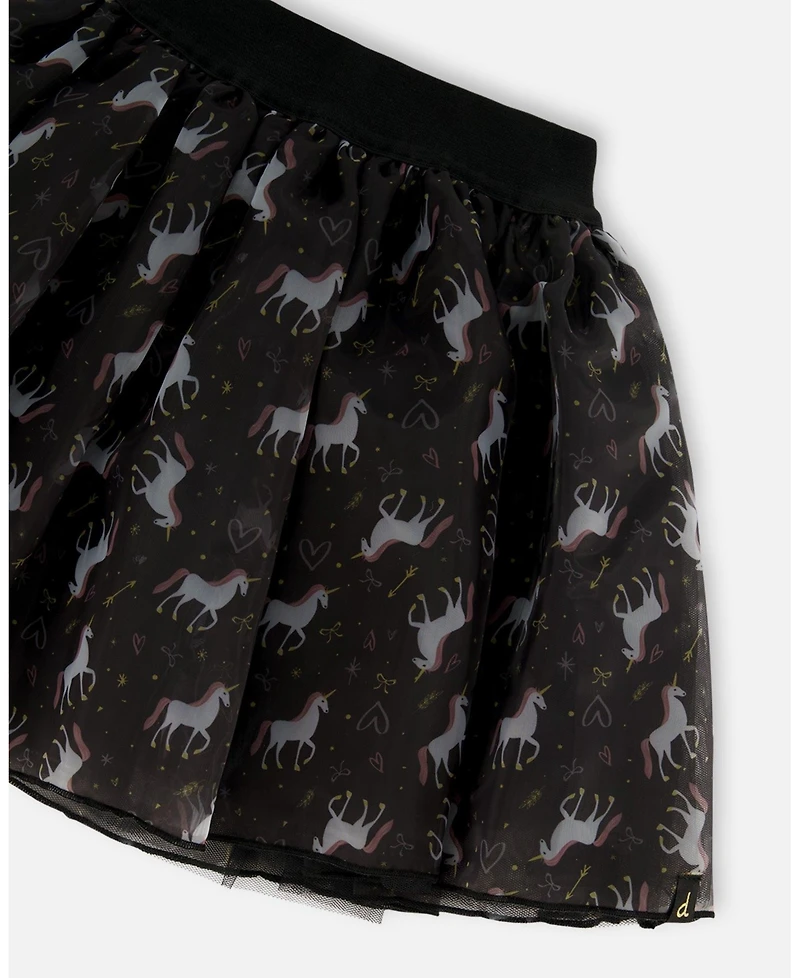 Deux par Girl Organza and Mesh Skirt Black with Unicorn Print - Child