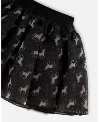 Deux par Girl Organza and Mesh Skirt Black with Unicorn Print - Child