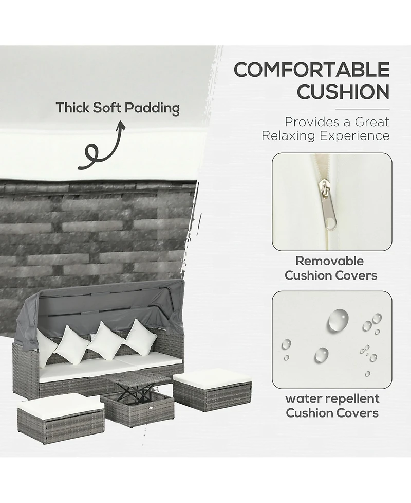 4 Piece Adjustable Canopy Outdoor Rat Sofa Set, Light