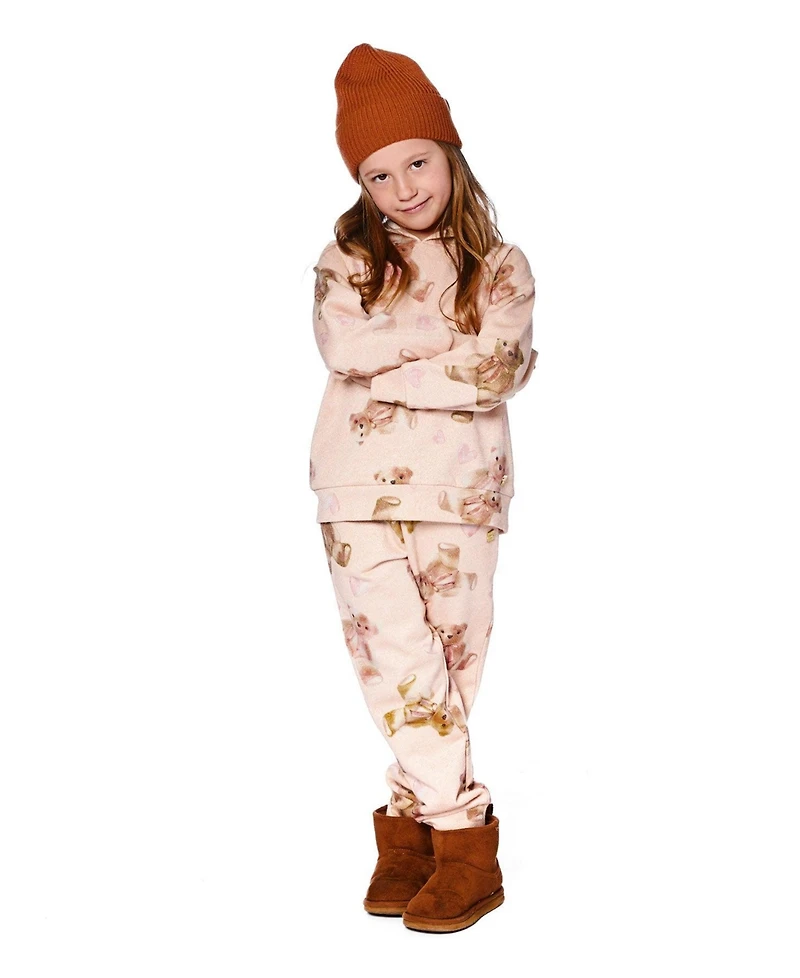 Deux par Girl Glittering French Terry Sweatpants Beige Teddy Bear Print