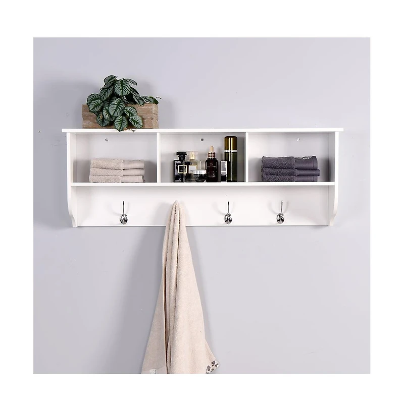 Vanirror White Entryway Wall Mounted Coat Rack with 4 Dual Hooks Living Room Wooden Storage Shelf