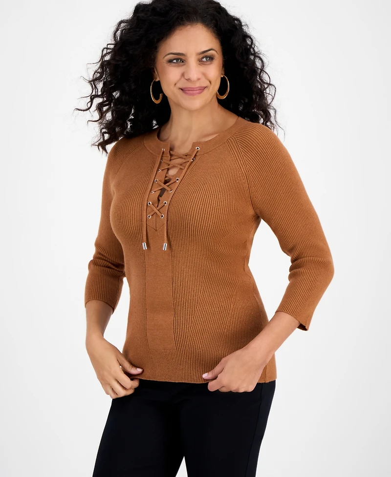 Jm Collection Women's Ribbed Lace-Up Sweater, Macy's Exclusive