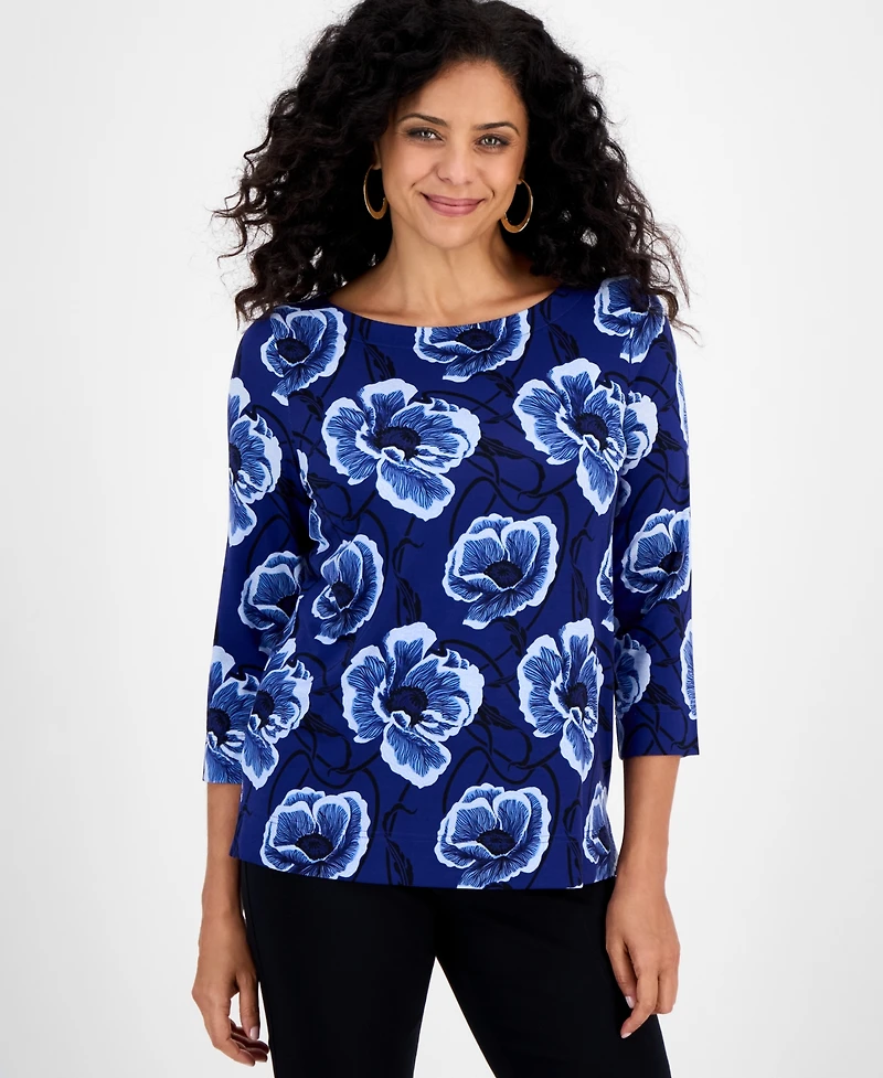 Jm Collection Women's Floral Print 3/4-Sleeve Boat-Neck Top, Macy's Exclusive