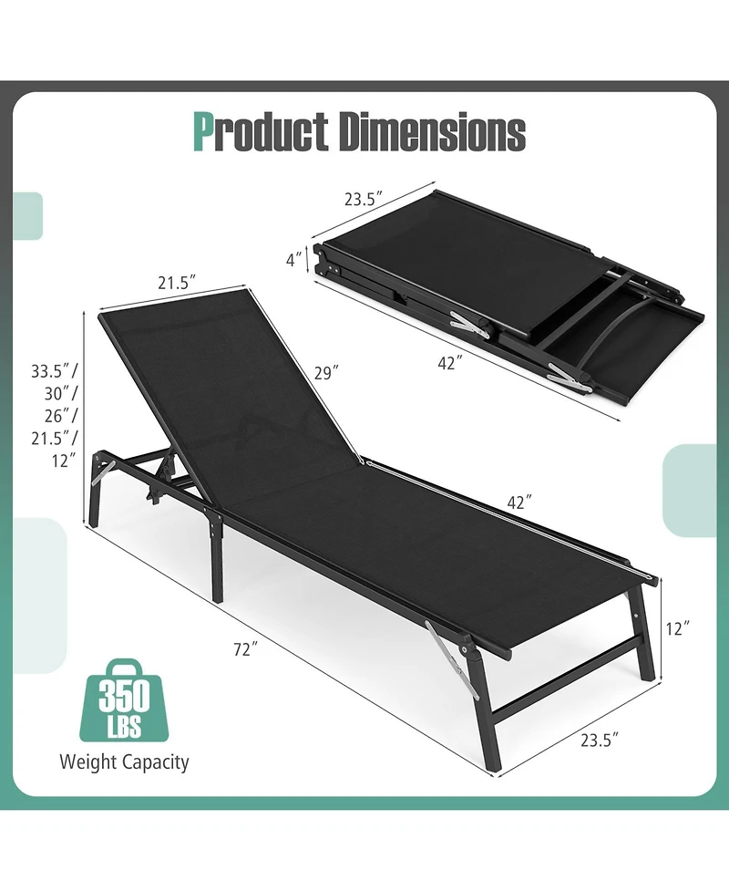 Gymax 2 Pcs Reclining Lounge Chairs Folding Patio Recliner Chair w/5-position Backrest