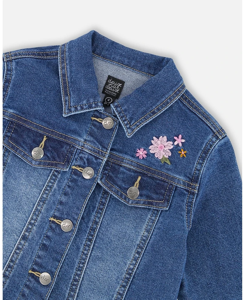 Deux par Girls Denim Jacket Blue with Ruffle Hem and Floral Embroidery