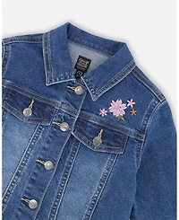 Deux par Girls Denim Jacket Blue with Ruffle Hem and Floral Embroidery