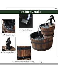 Outsunny 2 Tier Fountain Rustic Wood Barrel Water Fountain w/ Pump Garden Decor