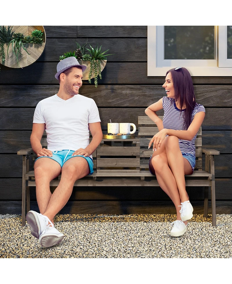 Gymax Outdoor Fir Wood Bench w/ Foldable Middle Table w/ Backrest & Armrests