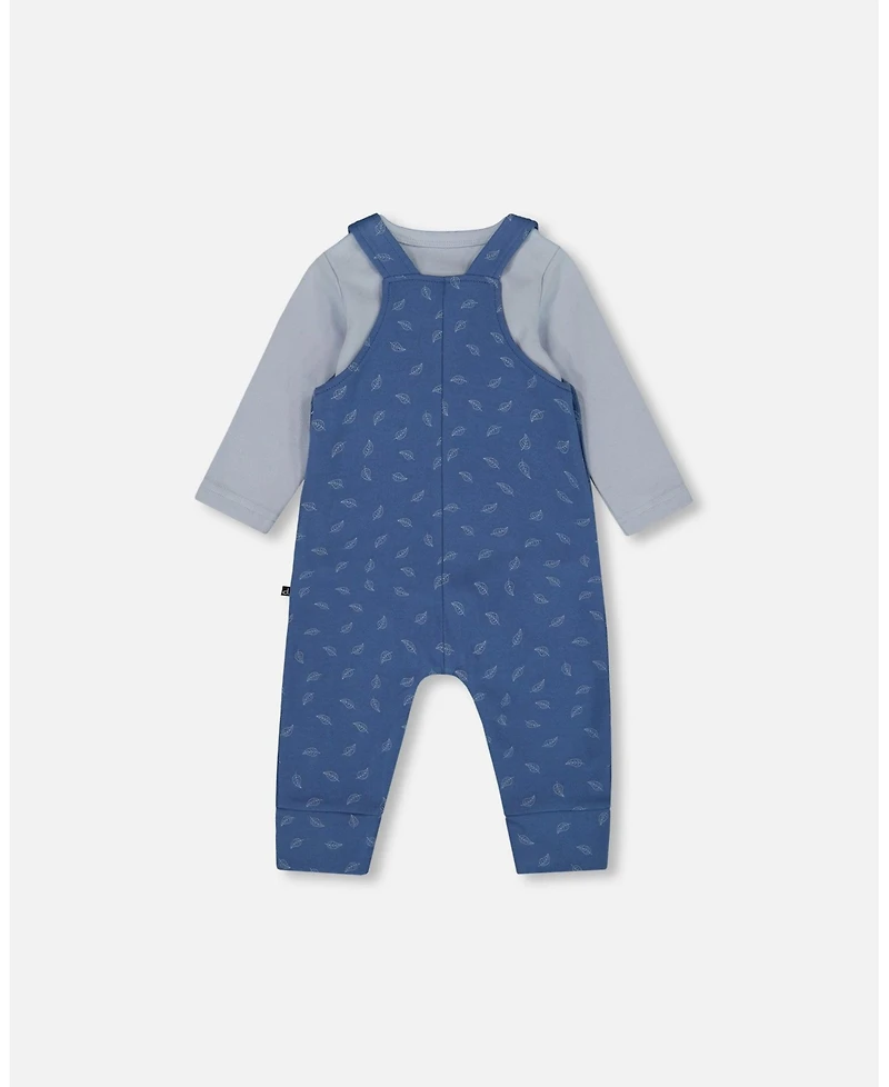 Deux par Baby Boy Cotton Onesie and Overalls Set Blue Leaf Print