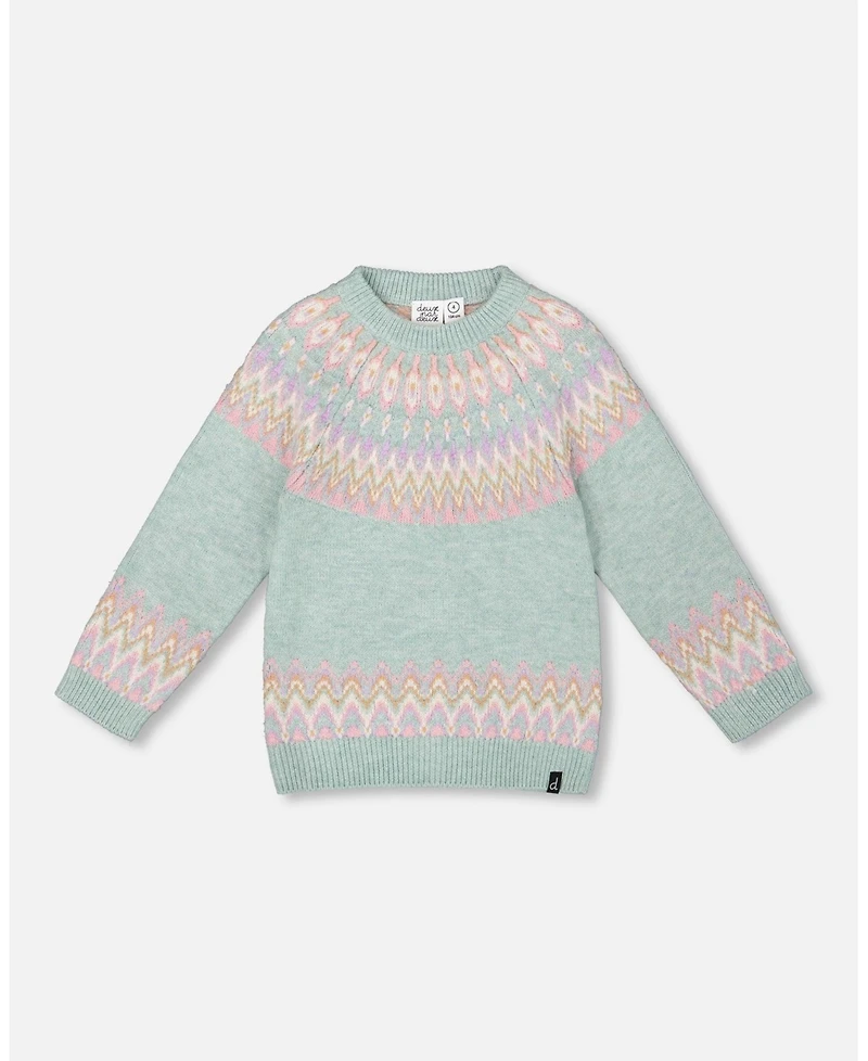 Deux par Girl Sweater with Norwegian Jacquard Turquoise Blue - Child
