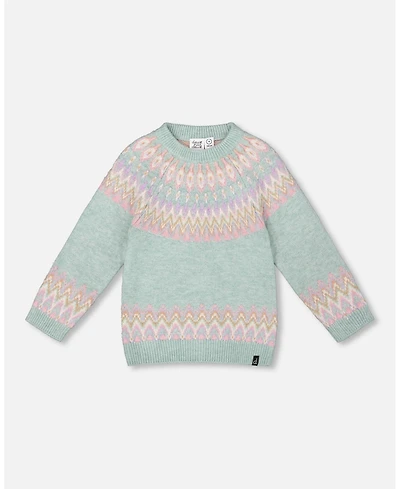 Deux par Girl Sweater with Norwegian Jacquard Turquoise Blue - Child