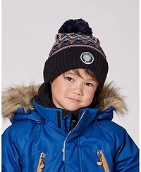 Deux par Boy Lined Knit Winter Hat with Pompom Taupe and Navy - Toddler|Child
