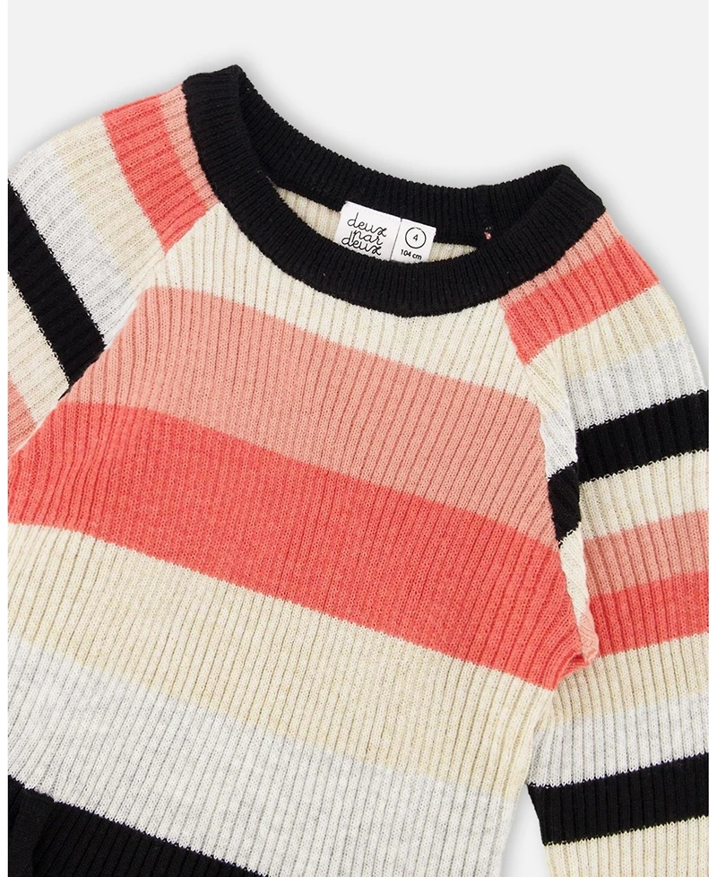 Deux par Big Girls Striped Knit Dress Beige Black and Pink