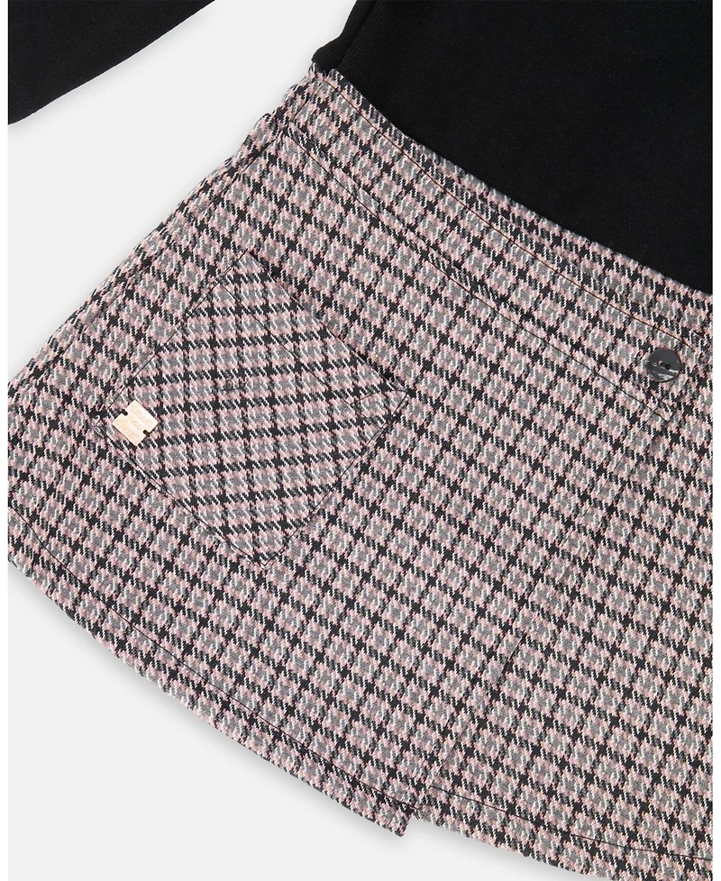 Deux par Big Girls Bi-Material Dress Black and Houndstooth