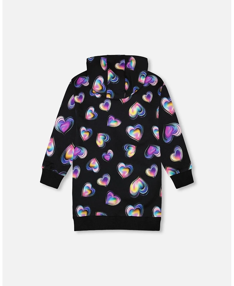 Deux par Little Girls Hooded Fleece Dress Black and Multicolor with Trompe-l Bag Detail - Toddler|Child