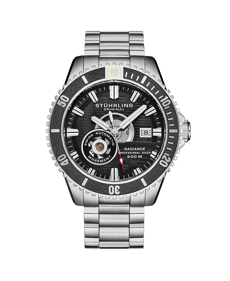 Stuhrling 1013 Men s Automatic Watch Swiss Movement Black Dial Black Bezel Stainless Steel Case and Bracelet 200M Water Resistant Diver Date Window