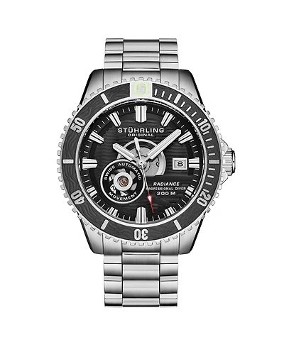 Stuhrling 1013 Men s Automatic Watch Swiss Movement Black Dial Black Bezel Stainless Steel Case and Bracelet 200M Water Resistant Diver Date Window