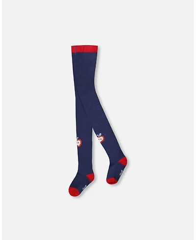 Deux par Girl Knit Tights Navy Blue with Apples - Toddler|Child