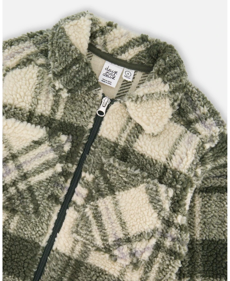 Deux par Boy Sherpa Long Sleeve Zip Front Overshirt Sage and Beige Plaid