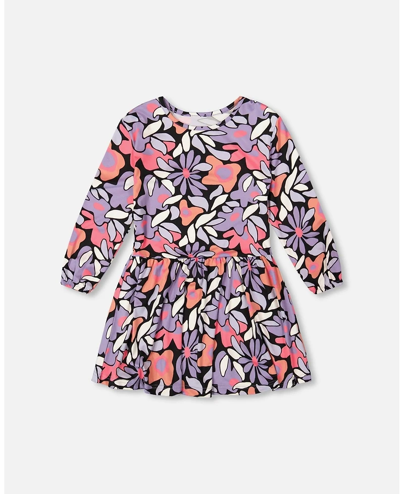 Deux par Girl Jersey Dress Black Retro Flower Print - Child