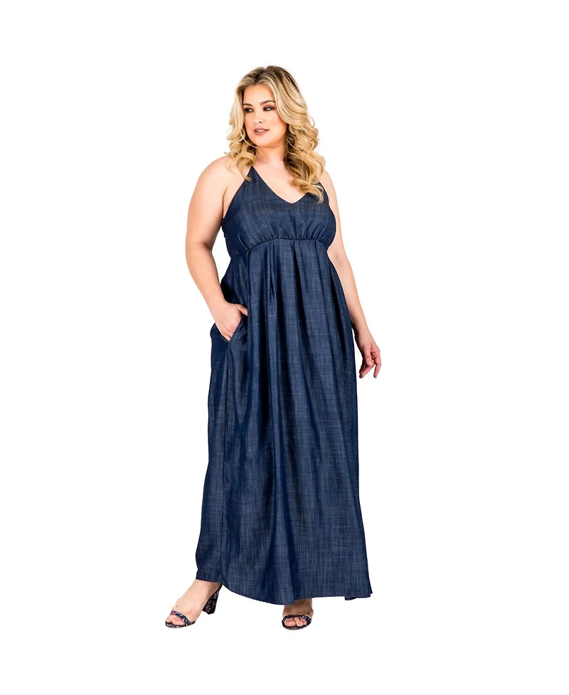 Standards & Practices Plus Tencel Denim Halter Neck Maxi Slip Dress