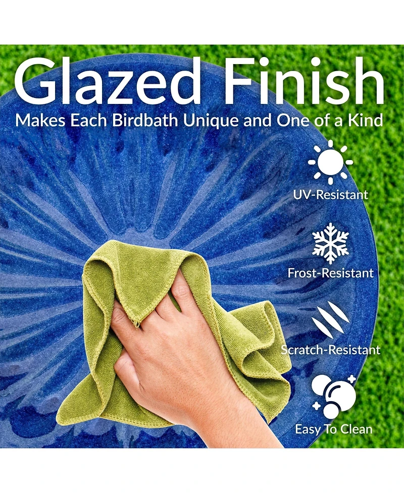 Daisy Embossed Bowl Ceramic Bird Bath with Glazed Finish - Blue - 21.5" H