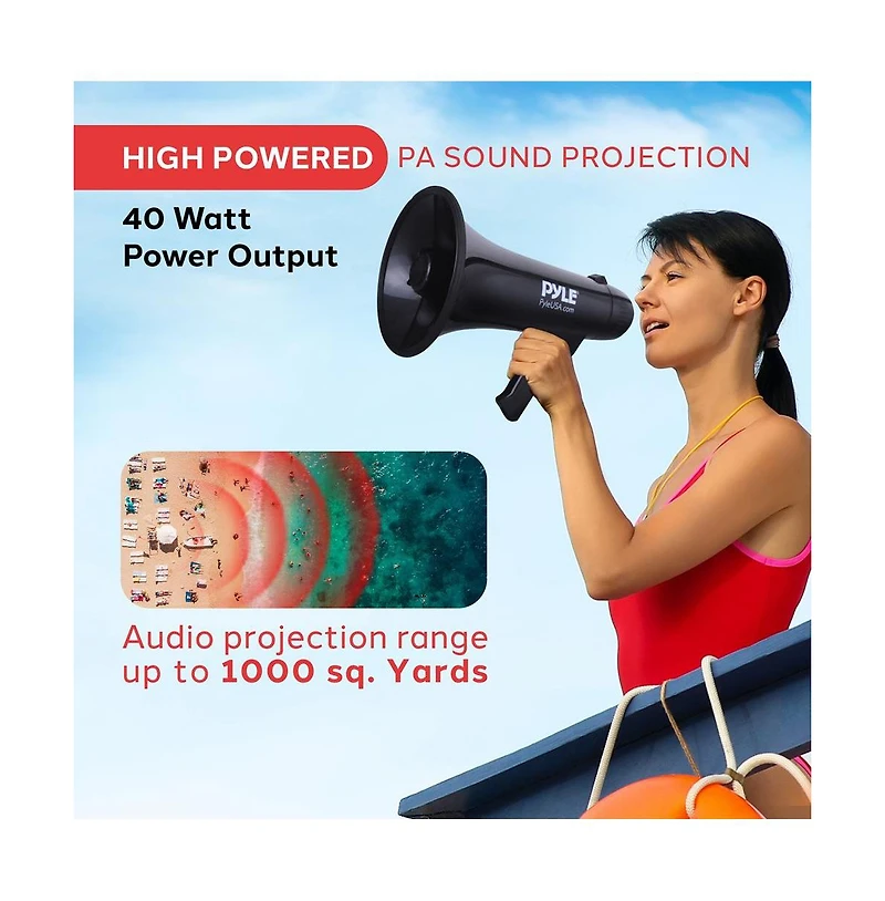 Pyle Megaphone Bullhorn with Aux Input for MP3/Music, Automatic Siren, 40 Watt