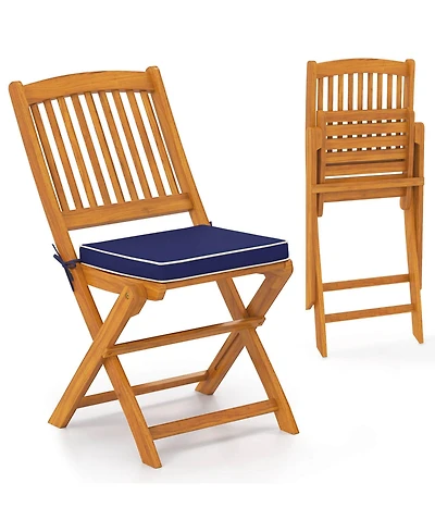 Outdoor Folding Chairs Set of 2 Acacia Wood High-Back Chair with Seat Cushions