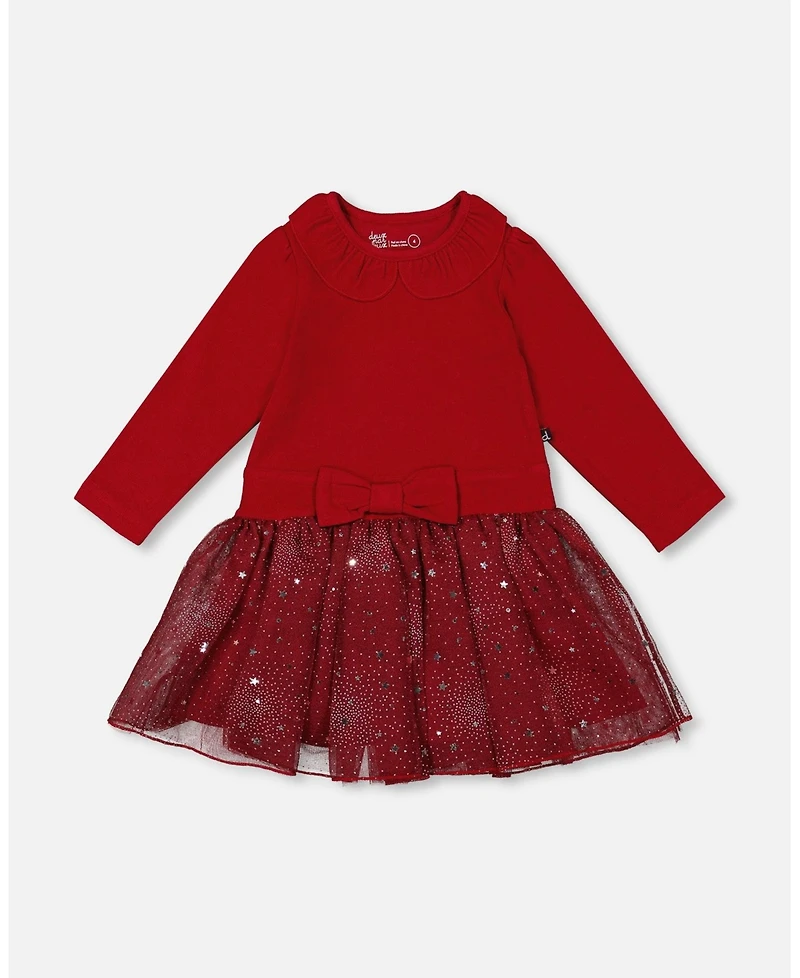 Deux par Toddler Girls Bi-Material Dress with Glittering Skirt Red - Toddler|Child