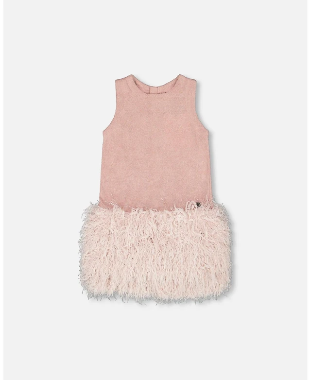 Deux par Deux Girl Sleeveless Bi-Material Lurex Dress with Feathers Light  Pink - Toddler|Child | Arden Fair