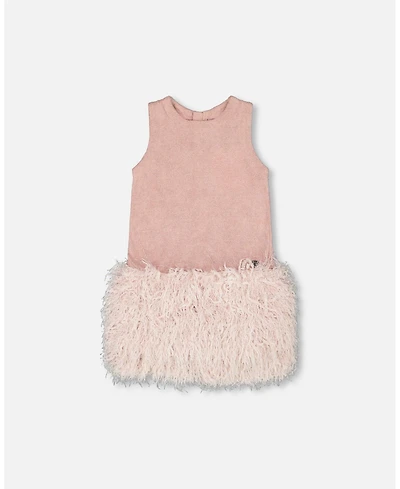 Deux par Girl Sleeveless Bi-Material Lurex Dress with Feathers Light Pink - Toddler|Child