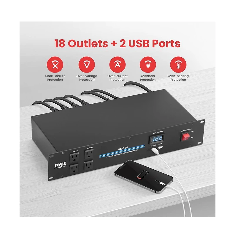Pyle 19'' Rack Mount Power Conditioner - 3600 Watt Power Conditioner w/ 18 Outlets