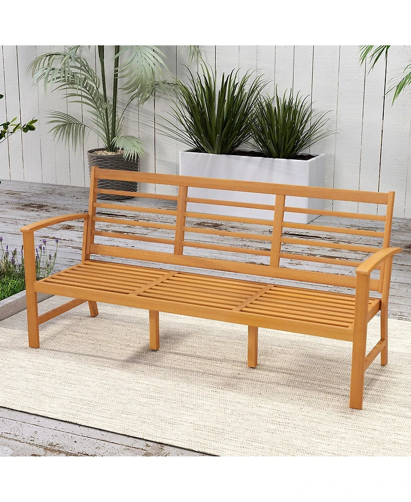 Gymax 3-Seat Patio 64 Inch Wood Bench w/ Seat Cushion Slatted Seat & Backrest Outdoor