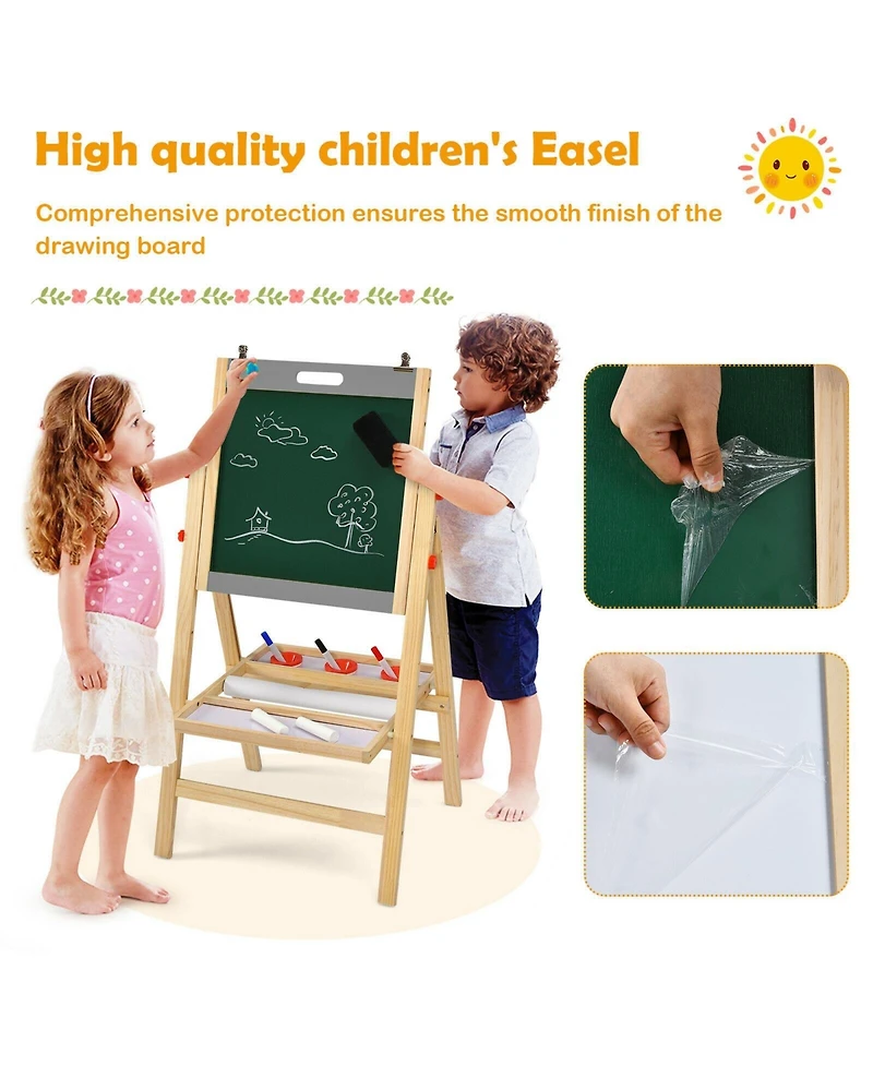 Akiudex kids art easel with paper roll double sided chalkboard and whiteboard