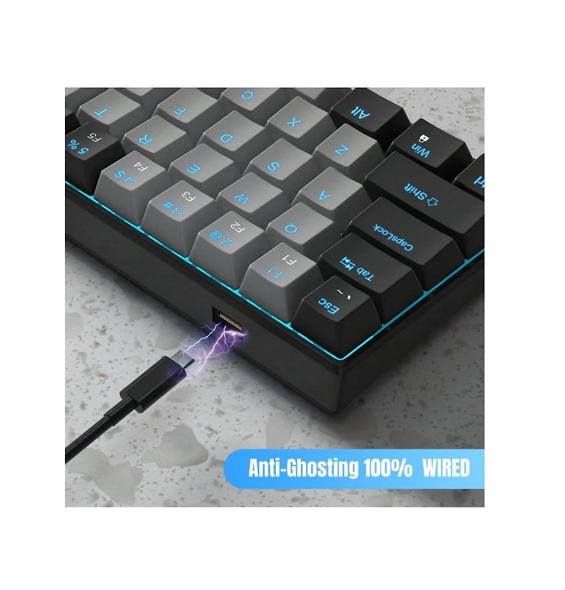 Risokeys 60% Wired Mechanical Gaming Keyboard, Ice Blue Led Backlit 61 Keys Mini Office Keyboard For Windows Laptop (Black-White, Red Switches)