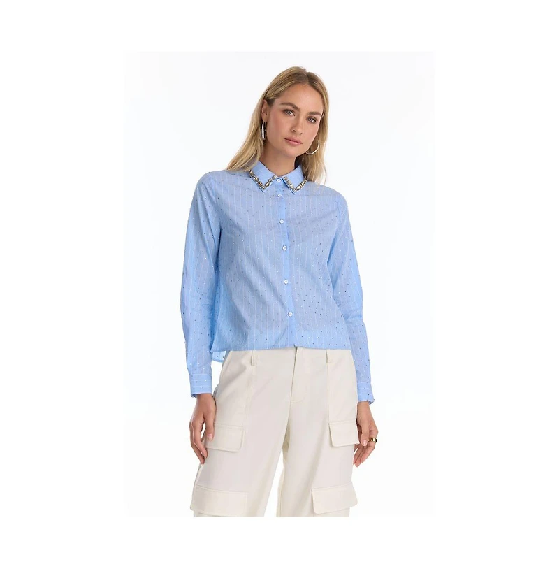 The Noli Shop Women's Josefina Crystal Button Up - Blue Stripe