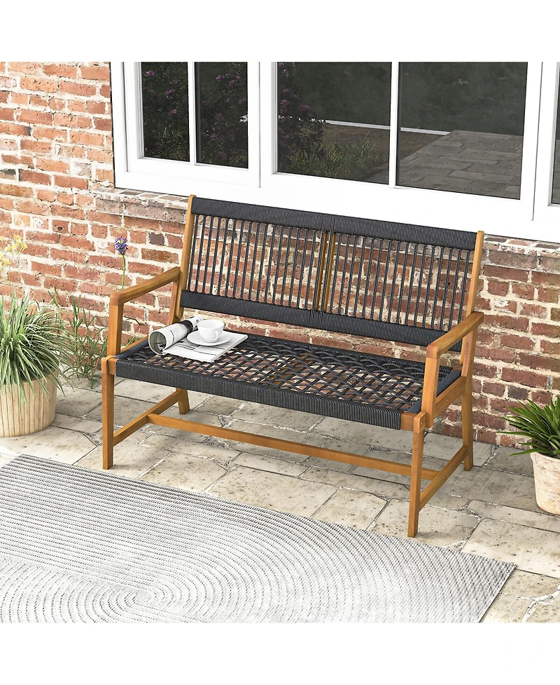 Gymax Patio 2-Person Acacia Wood Bench All-Weather Rope Woven Outdoor Garden