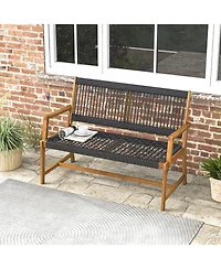 Gymax Patio 2-Person Acacia Wood Bench All-Weather Rope Woven Outdoor Garden